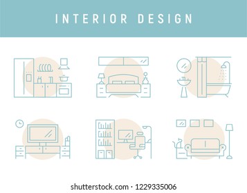 Icono de línea simple de diseño interior para cada habitación. Ilustración gráfica de Vector de estilo de diseño plano.