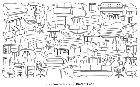 Interior design sketch collection. Group of home accessories: Armchair, sofa, wooden table, desk.