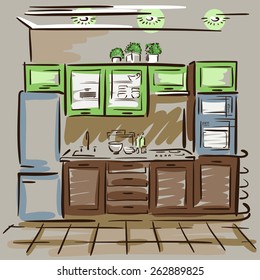 Interior design sketch of the green kitchen. Hand drawn sketch. Vector illustration.