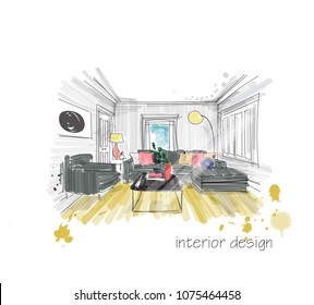 
interior design sketch. hand drawn vector illustration of sitting room furniture.
