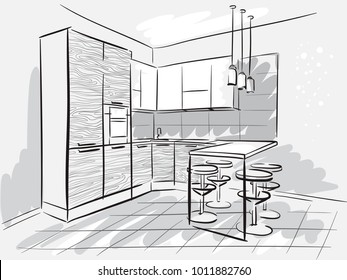 Interior design sketch of the kitchen with dinner table. Hand drawn sketch.