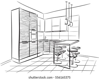 Interior design sketch of the kitchen with dinner table. Hand drawn sketch.