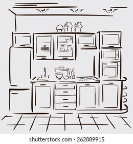 Interior design sketch of the kitchen. Hand drawn sketch. Vector illustration.