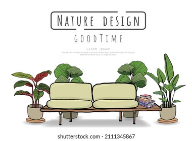 Interior design with Sofa, cushions, potted house plants, Home room in minimalist style. Colored flat vector illustration isolated on white background