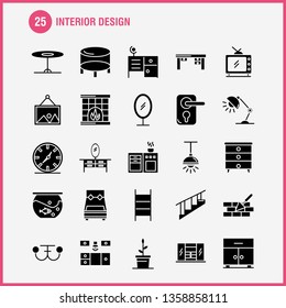 Interior Design Solid Glyph Icons Set For Infographics, Mobile UX/UI Kit And Print Design. Include: Bedroom, Cupboard, Furniture, House, Wardrobe, Television, Tv, House, Icon Set - Vector