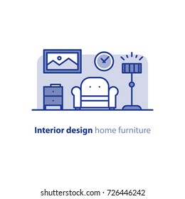 Interior design solution, minimalism living room, set of home furniture, tidy apartment, household vector illustration