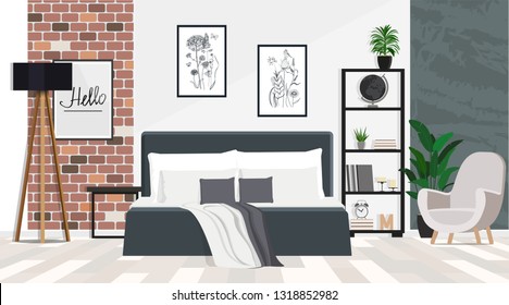 Diseño interior de una habitación espaciosa con una cama grande en forma de loft. Ilustración plana vectorial.