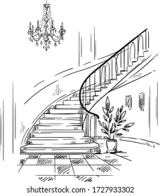 interior design, spacious hall and staircase drawing vector