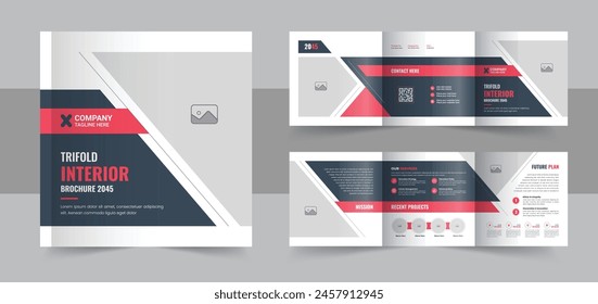 Interior design square trifold brochure, Modern interior design portfolio layout template or Interior design magazine layout. Architecture square trifold brochure template design