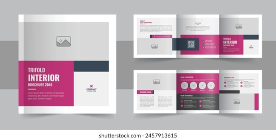 Interior design square trifold brochure, Modern interior design portfolio layout template or Interior design magazine layout. Corporate square Trifold brochure template vector