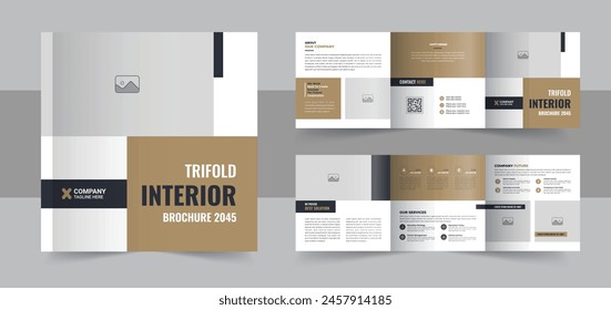 Interior design square trifold brochure, Modern interior design portfolio layout template or Interior design magazine layout. Business templates for tri fold square design brochures