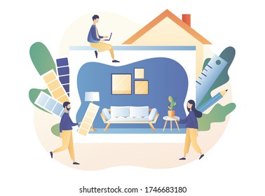 Interior design studio concept. House decoration service. Tiny people designers designing interior decorations. Modern flat cartoon style. Vector illustration on white background