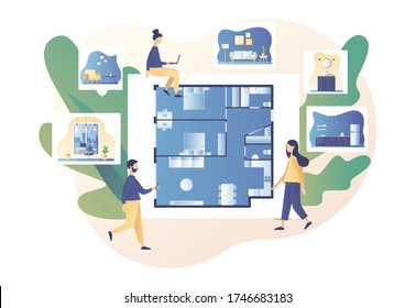 Interior design studio concept. House decoration service. Tiny people designers work project interior. Modern flat cartoon style. Vector illustration on white background