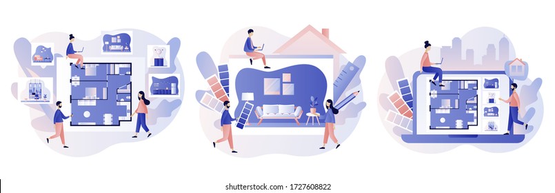 Interior design studio concept. Tiny designers designing interior decorations. House decoration service. Modern flat cartoon style. Vector illustration on white background
