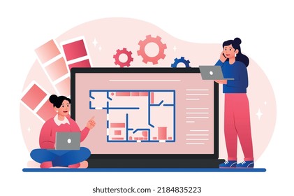 Interior design studio. Girls with laptops developing layout of apartment and room. Creative personalities, colleagues working on project. Furniture and decoration. Cartoon flat vector illustration