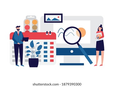 Interior design studio website banner - cartoon designer people with work equipment and decoration elements. Flat vector illustration of home designing team