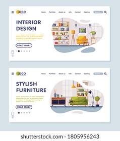Interior Design, Stylish Furniture Landing Page, Cozy Apartments with Comfy Furniture, Creation Home Interior Website Vector Illustration