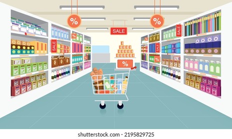 Interior design of a supermarket and grocery shopping. everyday necessities. Supermarket aisle with shelves and full shopping cart, retail and consumerism concept.