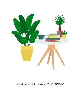 Interior design with table, books, cup of coffee and houseplants. Trendy composition with home decorations. Isolated vector illustration