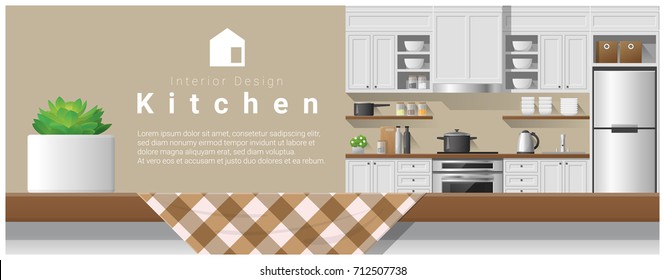 Interior design with table top and Modern kitchen background , vector , illustration