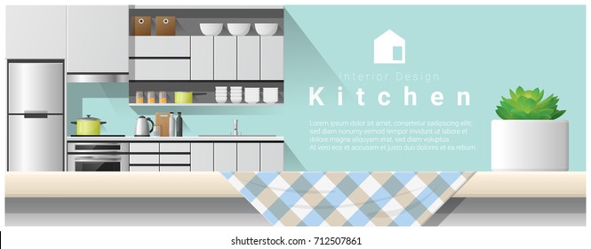 Interior design with table top and Modern kitchen background , vector , illustration