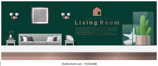 Interior design with table top and Modern living room background , vector , illustration