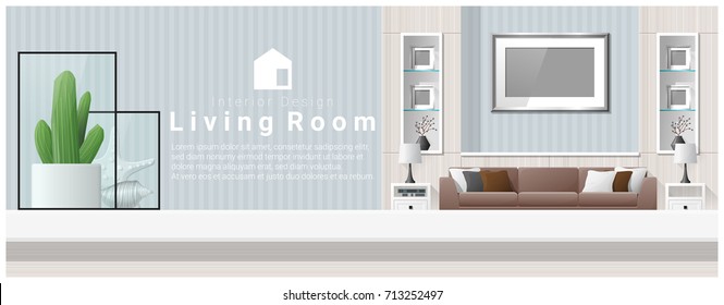 Interior design with table top and Modern living room background , vector , illustration