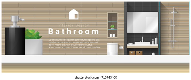 Interior design with table top and Modern bathroom background , vector , illustration