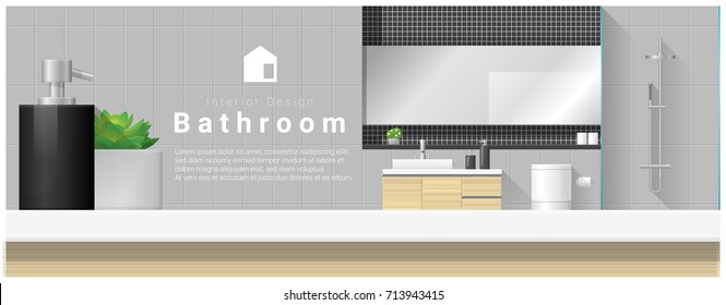 Interior design with table top and Modern bathroom background , vector , illustration