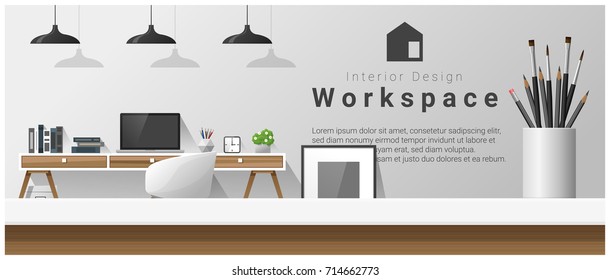 Interior design with table top and Modern office workplace background , vector , illustration