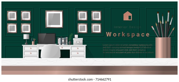 Interior design with table top and Modern office workplace background , vector , illustration