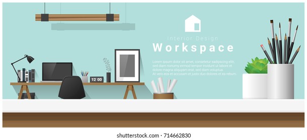 Interior design with table top and Modern office workplace background , vector , illustration