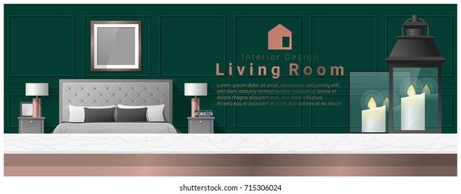 Interior design with table top and Modern bedroom background , vector , illustration