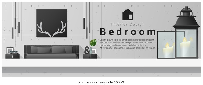 Interior design with table top and Modern bedroom background , vector , illustration