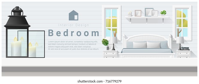 Interior design with table top and Modern bedroom background , vector , illustration