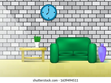 Interior Design Template , Sofa green Vector Illustration 3D Background Decoration
