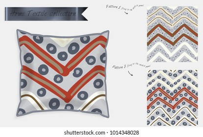 Interior design textile patterns. Realistic satin decorative pillow mock up with seamless pattern isolated on white. Two hand drawn seamless patterns with rough texture.