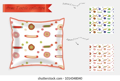 Interior design textile patterns. Realistic satin decorative pillow mock up with seamless pattern isolated on white. Two hand drawn seamless patterns with rough texture.