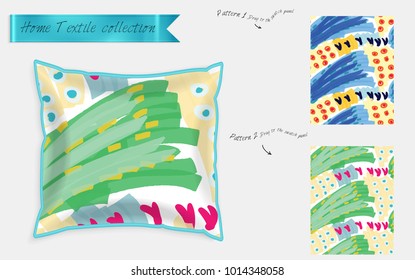 Interior design textile patterns. Realistic satin decorative pillow mock up with seamless pattern isolated on white. Two hand drawn seamless patterns with rough texture.