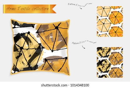 Interior design textile patterns. Realistic satin decorative pillow mock up with seamless pattern isolated on white. Two hand drawn seamless patterns with rough texture.