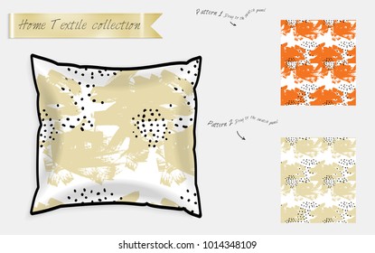 Interior design textile patterns. Realistic satin decorative pillow mock up with seamless pattern isolated on white. Two hand drawn seamless patterns with rough texture.