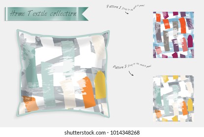 Diseño interior de patrones textiles. La almohada decorativa de satén realista se burla de un patrón sin fisuras aislado en blanco. Dos patrones sin fisuras dibujados a mano con textura áspera.