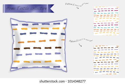 Interior design textile patterns. Realistic satin decorative pillow mock up with seamless pattern isolated on white. Two hand drawn seamless patterns with rough texture.
