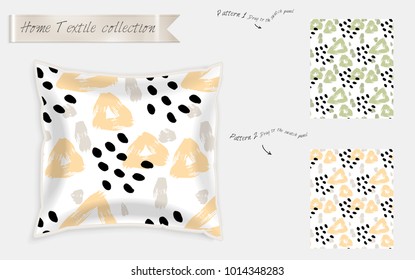 Interior design textile patterns. Realistic satin decorative pillow mock up with seamless pattern isolated on white. Two hand drawn seamless patterns with rough texture.