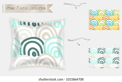 Interior design textile patterns. Realistic satin decorative pillow mock up with seamless pattern isolated on white. Two hand drawn seamless patterns with rough texture.