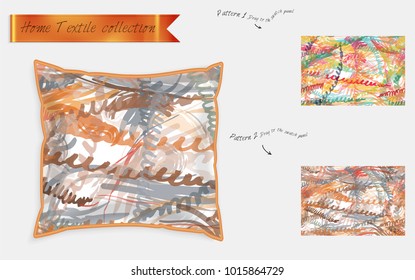 Interior design textile patterns. Realistic satin decorative pillow mock up with seamless pattern isolated on white. Two hand drawn seamless patterns with rough texture.