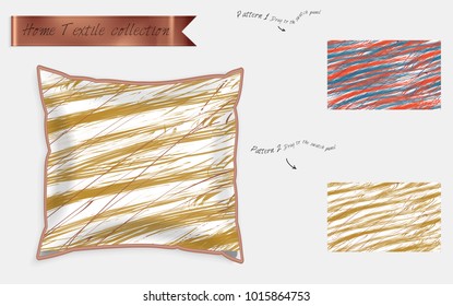 Interior design textile patterns. Realistic satin decorative pillow mock up with seamless pattern isolated on white. Two hand drawn seamless patterns with rough texture.