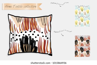 Interior design textile patterns. Realistic satin decorative pillow mock up with seamless pattern isolated on white. Two hand drawn seamless patterns with rough texture.