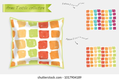 Interior design textile patterns. Realistic satin decorative pillow mock up with seamless pattern isolated on white. Two hand drawn seamless patterns with rough texture.