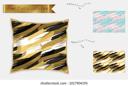 Interior design textile patterns. Realistic satin decorative pillow mock up with seamless pattern isolated on white. Two hand drawn seamless patterns with rough texture.